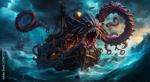 cast ship being attacked by sea monsters, made with generative ai photo