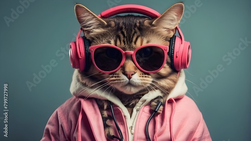 User Funny cat on a background  listening to music with headphones. Stylish Cat Wearing Sunglasses and Headphones and pattern dress  Cat  Funny  Stylish  Sunglasses  Headphones  Music  Background