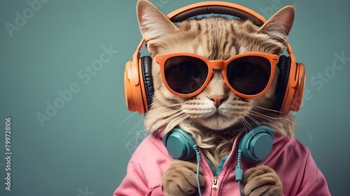 User Funny cat on a background, listening to music with headphones. Stylish Cat Wearing Sunglasses and Headphones and pattern dress, Cat, Funny, Stylish, Sunglasses, Headphones, Music, Background