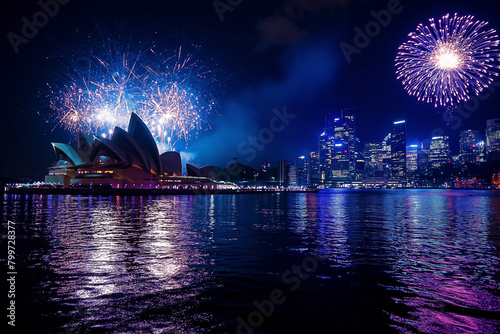 The view of Sydney City with Opera house and fireworks and cruise in celebrating festival at Sydney