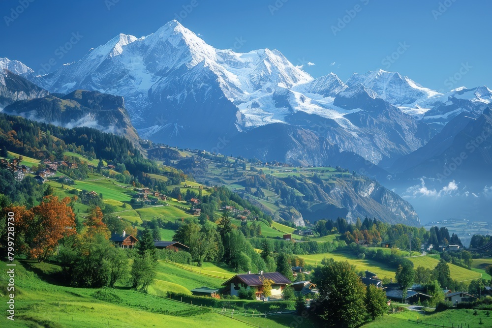 Obraz premium Traditional Swiss chalets sit under the snow-capped peaks of the Alps, with the first signs of winter in the foreground.