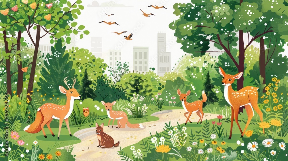 Obraz premium A vibrant illustration of animated forest animals in an urban park setting, portraying a harmony between nature and city life.