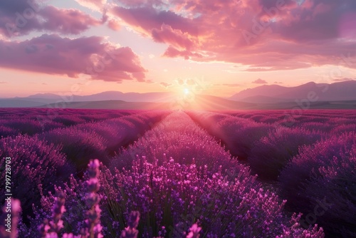 Endless rows of lavender lead to the horizon under a majestic sunset with picturesque mountains in the distance.
