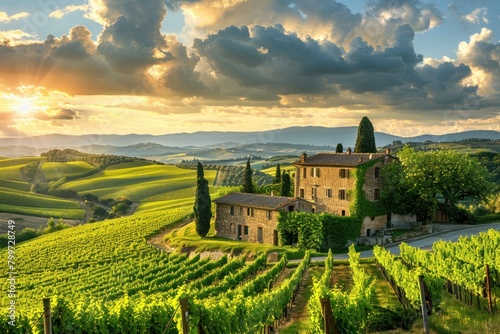 Sunrise over a sprawling Tuscan vineyard, with the sun's rays casting a warm glow over the rolling hills and stone farmhouse. photo