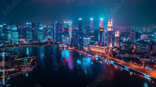 Aerial view of the city's illuminated skyline, showcasing the modern and ancient landmarks bathed in dazzling lights.