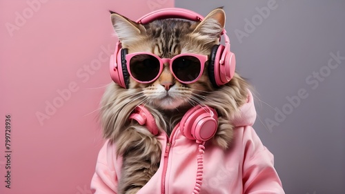 User Funny cat on a background  listening to music with headphones. Stylish Cat Wearing Sunglasses and Headphones and pattern dress  Cat  Funny  Stylish  Sunglasses  Headphones  Music  Background