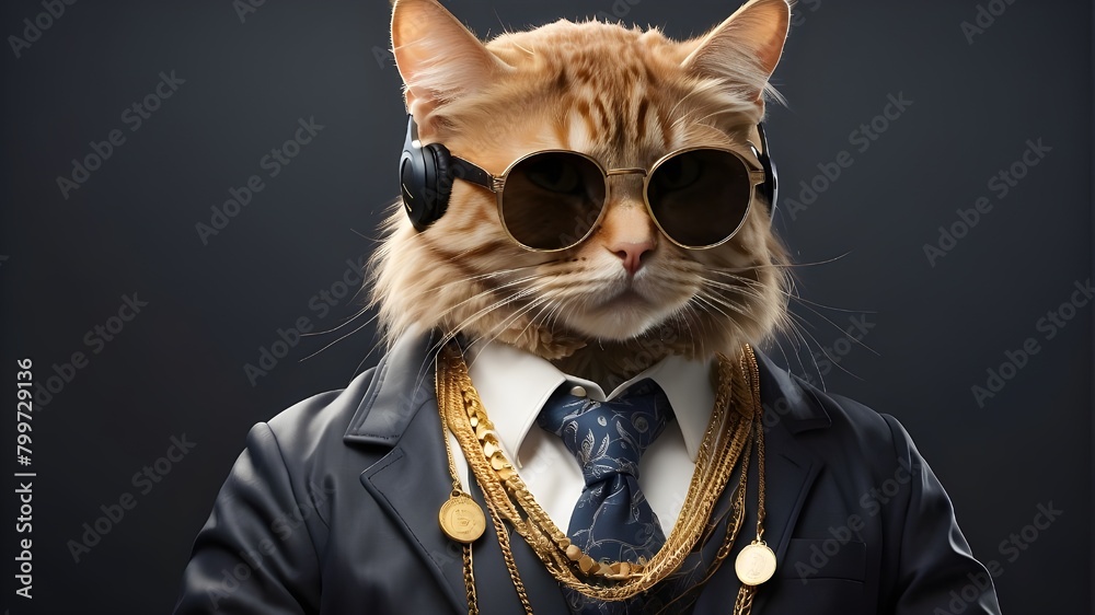 User
Funny cat on a background, listening to music with headphones. Stylish Cat Wearing Sunglasses and Headphones and pattern dress, Cat, Funny, Stylish, Sunglasses, Headphones, Music, Background