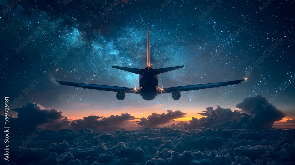 Airplane flying in night sky over the clouds, passenger jet commercial plane in starry night.