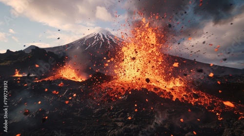 A volcanic eruption is depicted, with a volcano spewing out a large amount of lava. The molten rock cascades down the sides of the volcano in a fiery display of natures power. photo