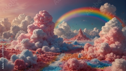 A whimsical cartoon world where the clouds are made of cotton candy and rainbows appear daily ai_generated