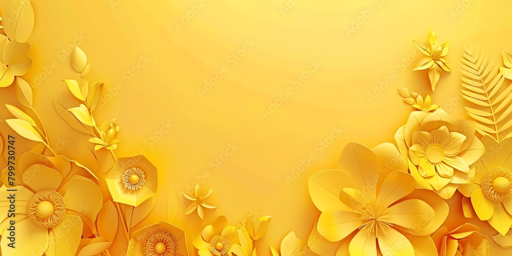 Naklejka premium HD, 16k, empty space in center area, beautiful retro modern trendy Paper cut flowers bold and big 3D, minimalis element, yellow background aspect ratio 2:1