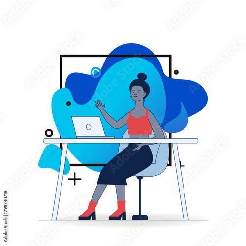Blogger waving hello at monitor. Woman using laptop for video call flat vector illustration. Communication, blog concept for banner, website design or landing web page