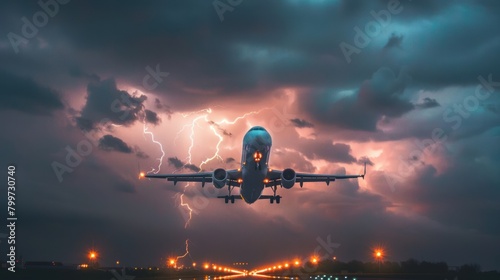 A commercial jet flies in the cloudy sky and there are lightning strikes.