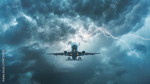 A commercial jet flies in the cloudy sky and there are lightning strikes. photo