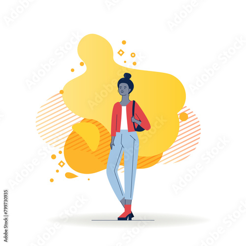 Cartoon Black woman in casual with backpack. Full body of dark skinned female student flat vector illustration. Fashion, clothes concept for banner, website design or landing web page