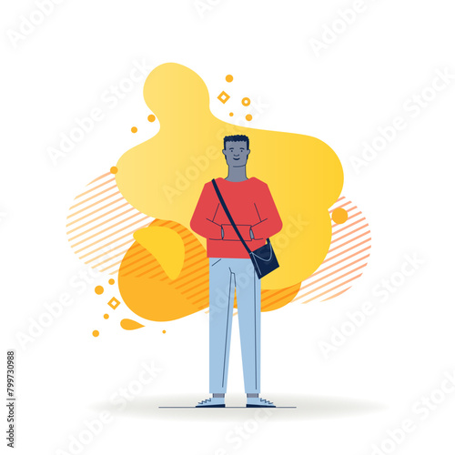 Cartoon dark skinned guy in casual with bag. Full length of black male student flat vector illustration. Fashion, trendy young man concept for banner, website design or landing web page