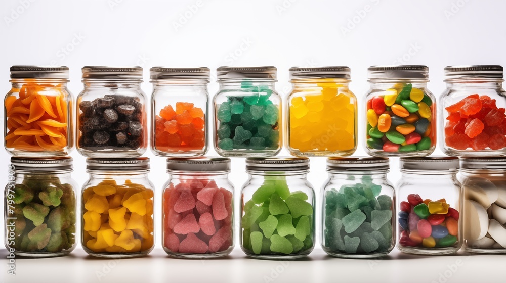 Jellies infused with diverse cannabis elements, exhibited in glass candy containers, enticing consumers with their colorful appearance and potent effects.
