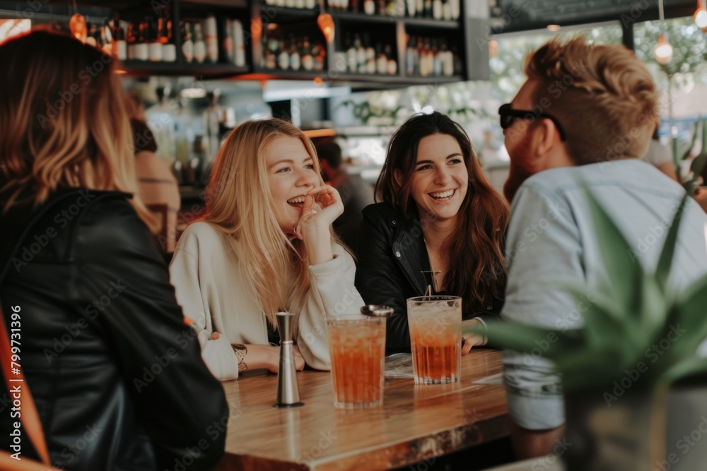 Group of friends having fun in a bar. Cheerful young women and men talking and laughing. Group of friends having fun in a bar. Cheerful young women and men talking and laughing.