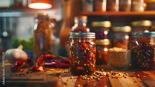 Picture of dried chilies in a jar Put it on the kitchen table. Spicy, medicinal plants, spices and herbs photo