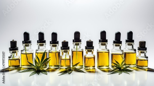 Pure cannabis oil comes in a row of dropper bottles used to treat a variety of medical conditions.
