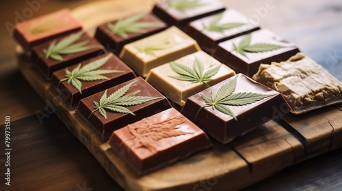 Cannabis-infused chocolate bars showcased on a charming rustic table, inviting indulgence and exploration of their enticing flavors and effects.
 photo