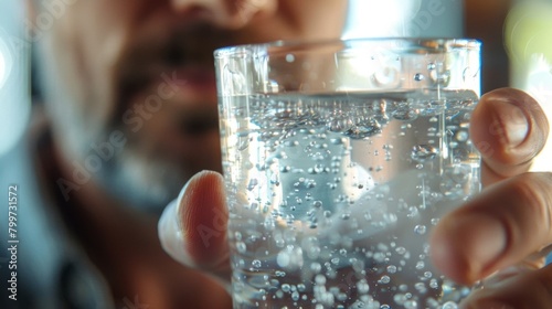 A man holds up a glass of sparkling spring water admiring its crystal clarity.