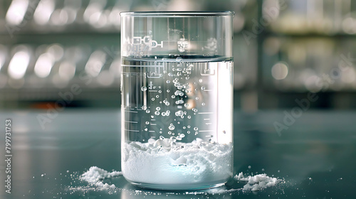 A beaker of water of a fine white powder laying flat at the bottom of water on top, amount of powder photo