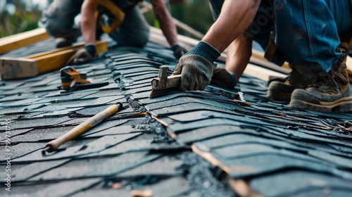 Roof RepairDetail a closeup of roofers at work, repairing damaged shingles or replacing wornout sections of a house roof, with tools and materials scattered around as they meticulously restore the roo