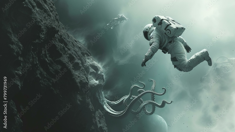 A dramatic scene of a spaceman falling off the edge of a cliff, with the vastness of space in the background Below him, a giant tentacle beast emerges from the abyss, AI Generative A dramatic scene of a spaceman falling off the edge of a cliff, with the vastness of space in the background Below him, a giant tentacle beast emerges from the abyss, AI Generative