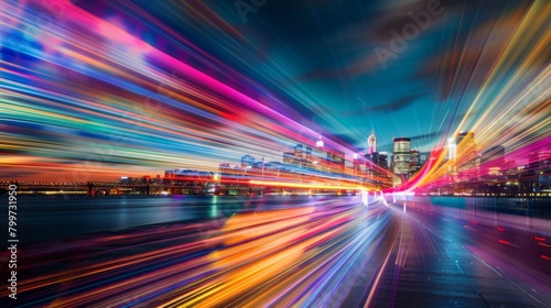 Colorful streaks of light painting the night sky above the historic city, capturing the vibrancy and energy of urban life.