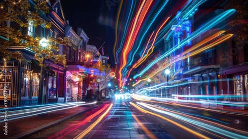 Colorful streaks of light painting the night sky above the historic city, capturing the vibrancy and energy of urban life.