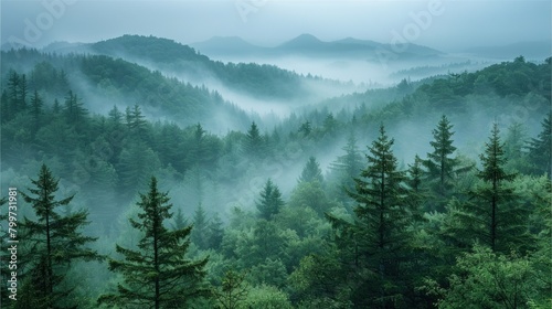 Panoramic view of spruce forest in fog seen from above © fajar