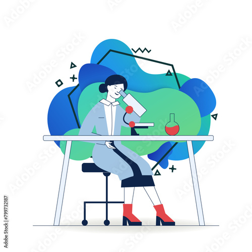 Female lab assistant doing research. Woman in white coat using microscope at table with flask flat vector illustration. Laboratory, biochemistry concept for banner, website design or landing page