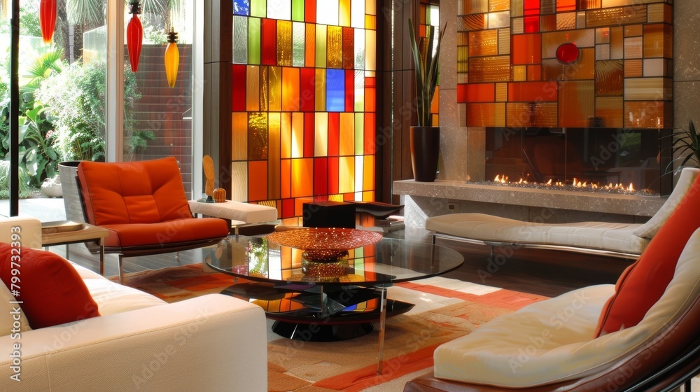 Fototapeta premium A sophisticated sitting room where a contemporary fireplace is enhanced by a colorful stained glass fire screen. 2d flat cartoon.