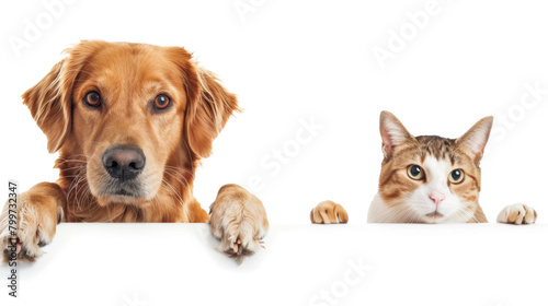 Dog and cat peeking over a blank white board on transparency background PNG 