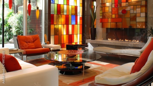 A sophisticated sitting room where a contemporary fireplace is enhanced by a colorful stained glass fire screen. 2d flat cartoon. photo