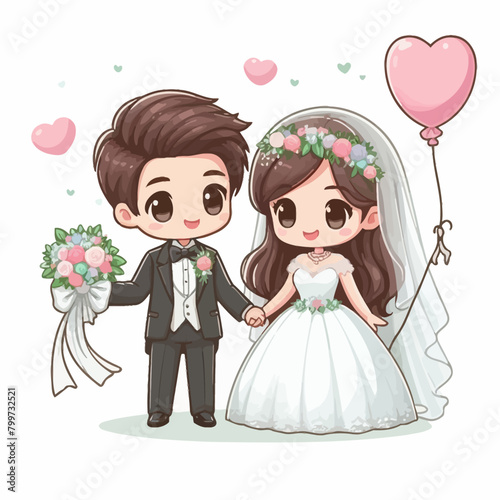 cute wedding couple bride and groom isolated on white background  vector cartoon illustration