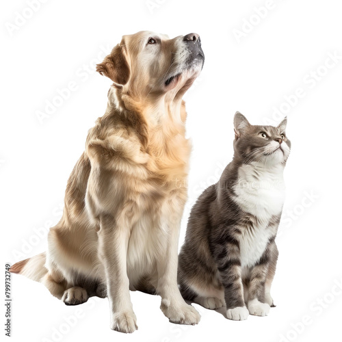 Attentive Dog and Cat Looking Up in Same Direction, standing full body on transparency background PNG 