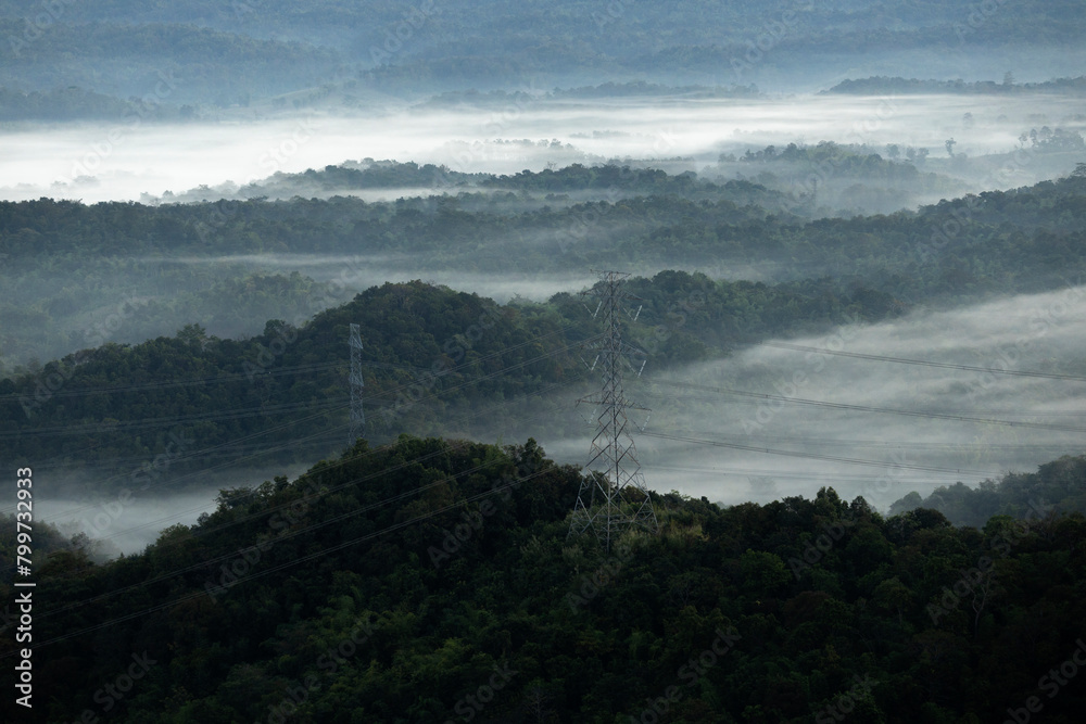  Landscape of Morning Mist with Mountain Layer at north of Thailand. mountain ridge and clouds in rural jungle bush forest