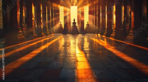 Shadows of Buddha statues elongated on a temple floor during sunset  symbolizing the eternal presence of enlightenment.