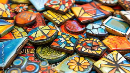 A mosaic coasters set featuring colorful ceramic tiles in various shapes and sizes creating a mosaic art piece for any table..