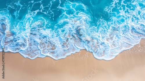 Abstract sand beach from above, light blue water waves, sun lights, AI Generative
