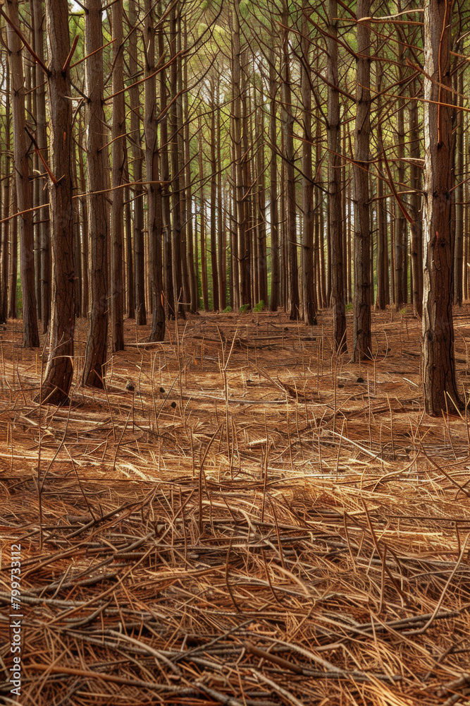 A carpet of pine needles covering the forest floor, with their linear arrangement creating a soothing pattern. A carpet of pine needles covering the forest floor, with their linear arrangement creating a soothing pattern.
