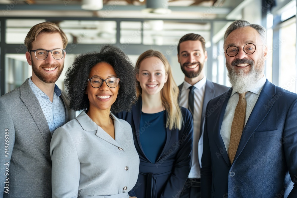 Portrait of smiling business people standing in office. Multiethnic corporate team. Portrait of smiling business people standing in office. Multiethnic corporate team.