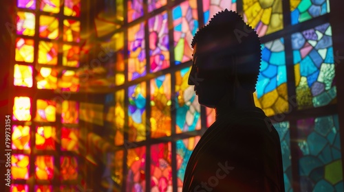 Silhouette of a Buddha statue's shadow against a colorful stained glass window in a temple, blending spirituality with artistry. © Plaifah