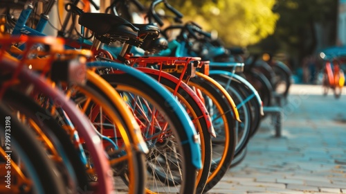A row of colorful bicycles lined up on the sidewalk, ready for use in city travel and fitness activities.