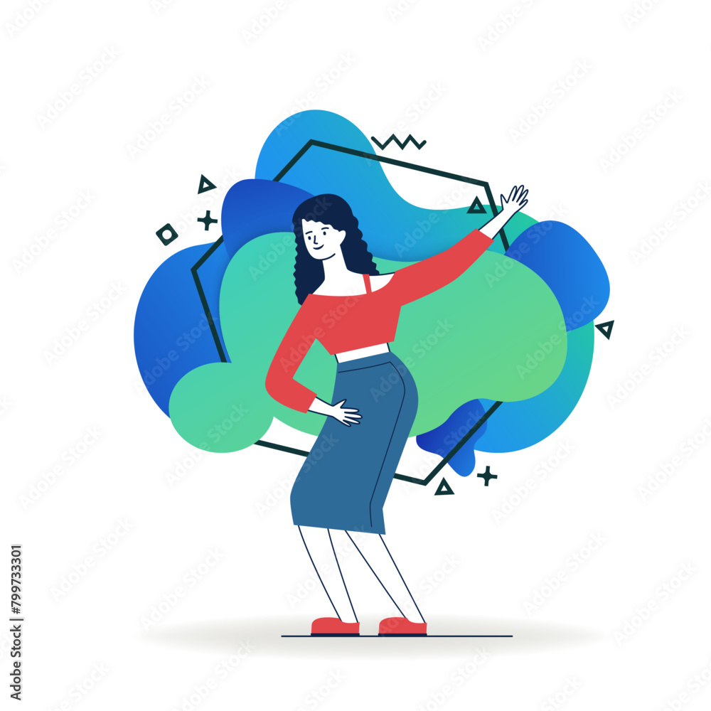 Fototapeta premium Joyful young woman enjoying party. Cartoon young woman in casual dancing and having fun flat vector illustration. Celebration, joy, disco concept for banner, website design or landing web page