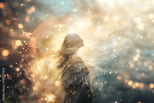 An Enchanting Figure Radiating Celestial Light and Stardust. Concept Fantasy Photography, Celestial Portraits, Ethereal Lighting, Stardust Effects, Enchanting Imagery