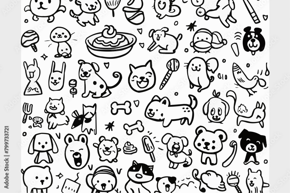 Fototapeta premium Simple wallpaper of dogs and cats. Vector linear seamless pattern. For postcard covers, etc