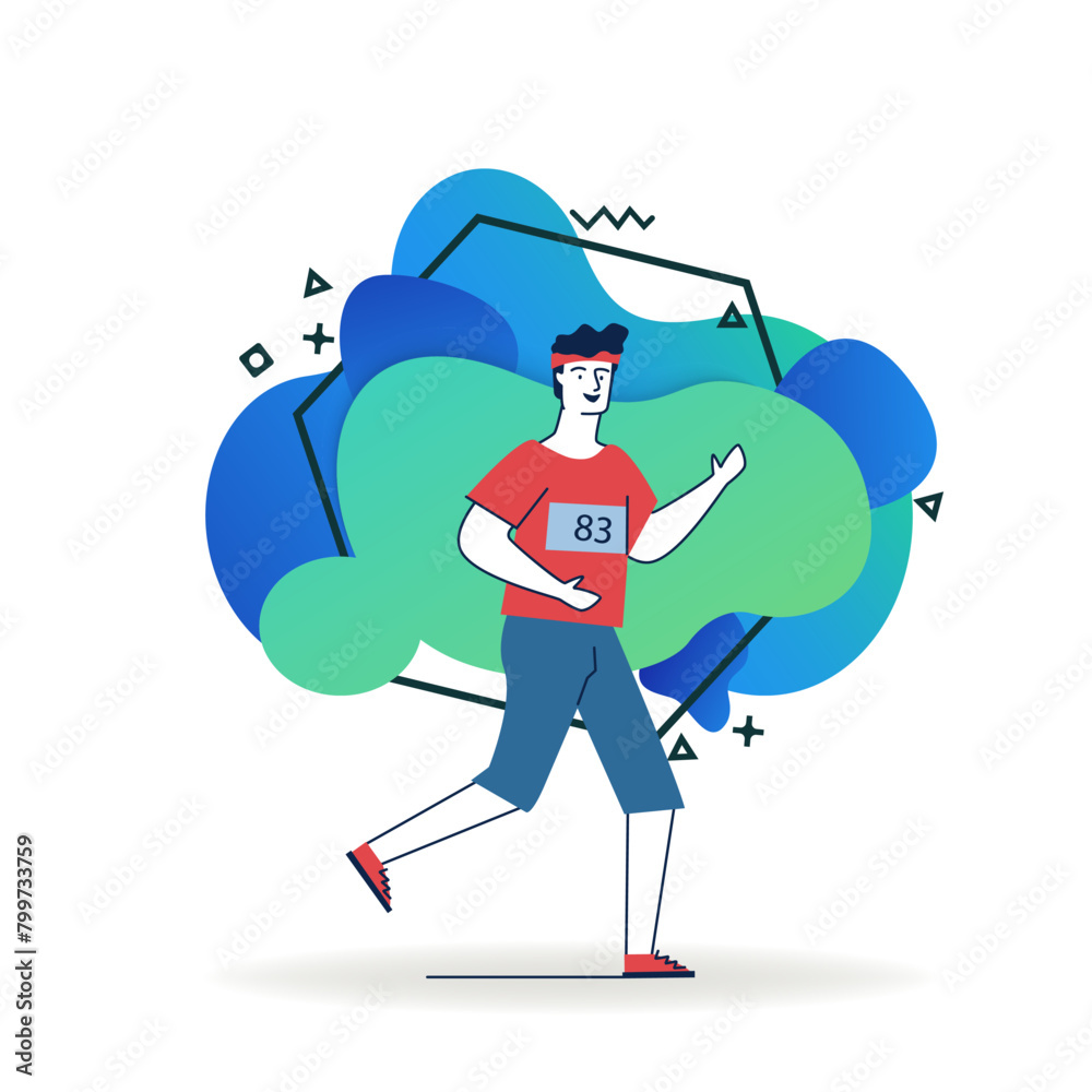 Fototapeta premium Male sportsman running. Cartoon character wearing fitness apparel, jogging flat vector illustration. Morning, outdoor workout, active lifestyle concept for banner, website design or landing web page